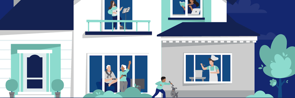 Illustration of the outside of a multigenerational household with family members in different rooms.