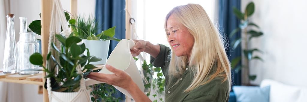A senior woman waters her houseplants.