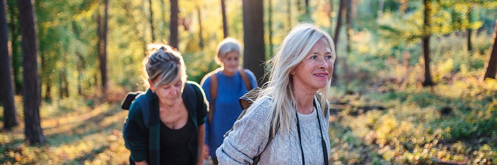 Three retired women walk on a hiking trail in the woods.